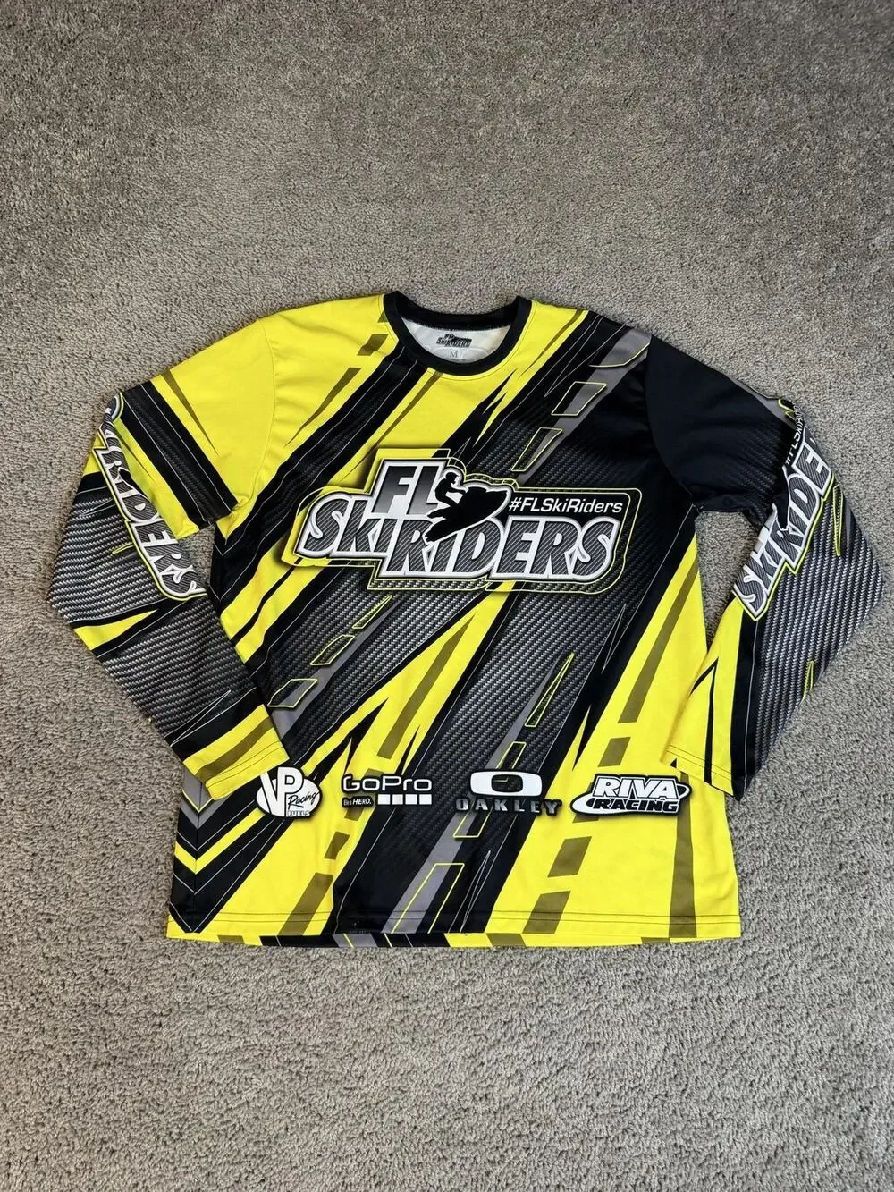 FL Ski Riders Top Mens M Yellow Striped Long Sleeve Quick Dry Lightweight
